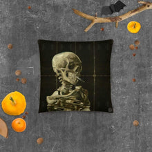 Load image into Gallery viewer, Skull of a Skeleton with Burning Cigarette Satin Pillow (US/EU) - Dark Souls Collection - Pillows - Sabai Beauty
